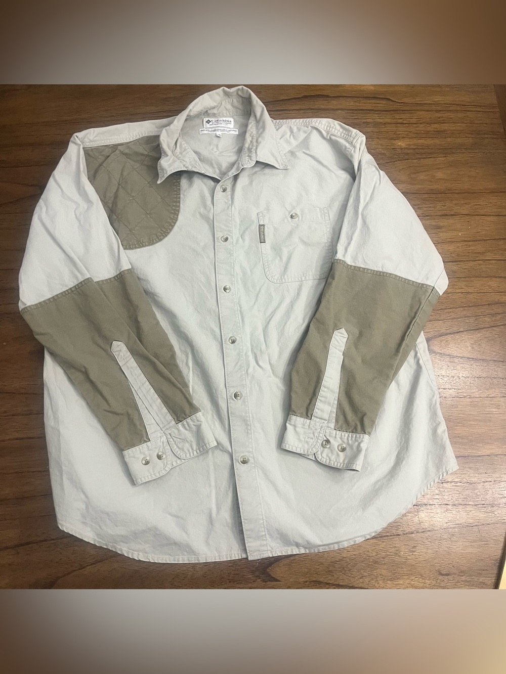 Vintage Columbia Men’s XL Shooting Hunting Shirt Quilted Patch Long Sleeve Khaki